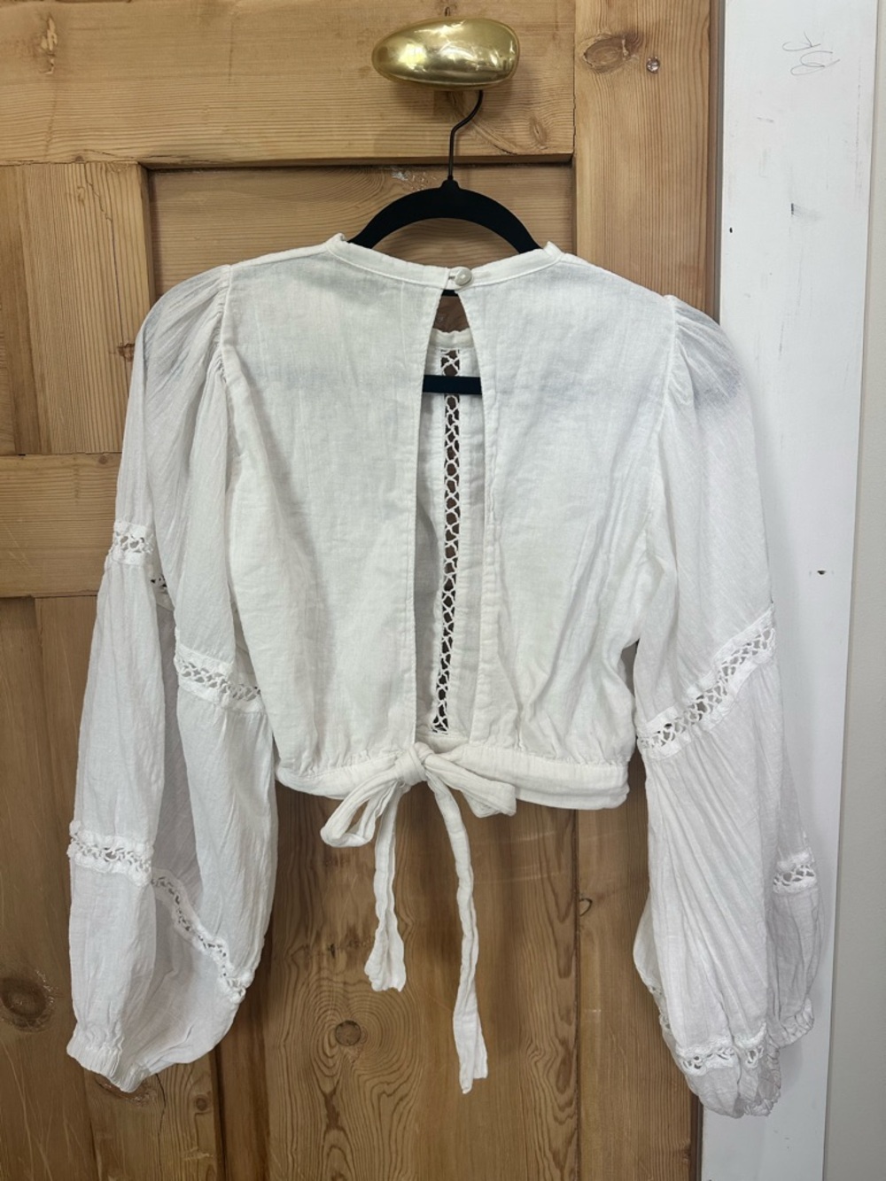 Jen's Pirate Booty White Lace-Trim Peasant Tie Crop Blouse - Picture 3 of 10